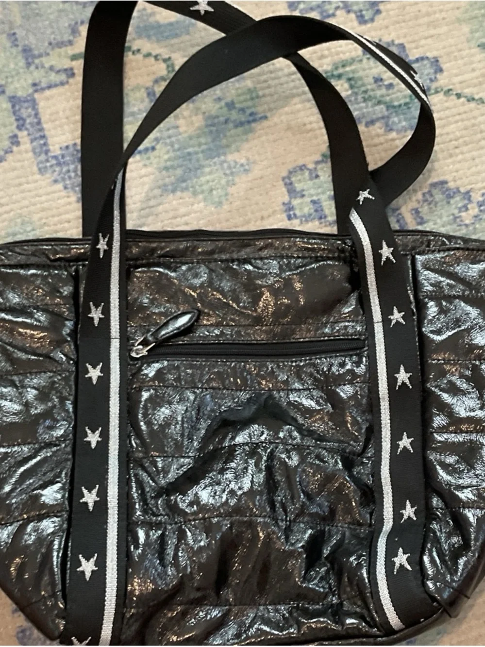 Black Star-Trim Shimmer Tote Bag